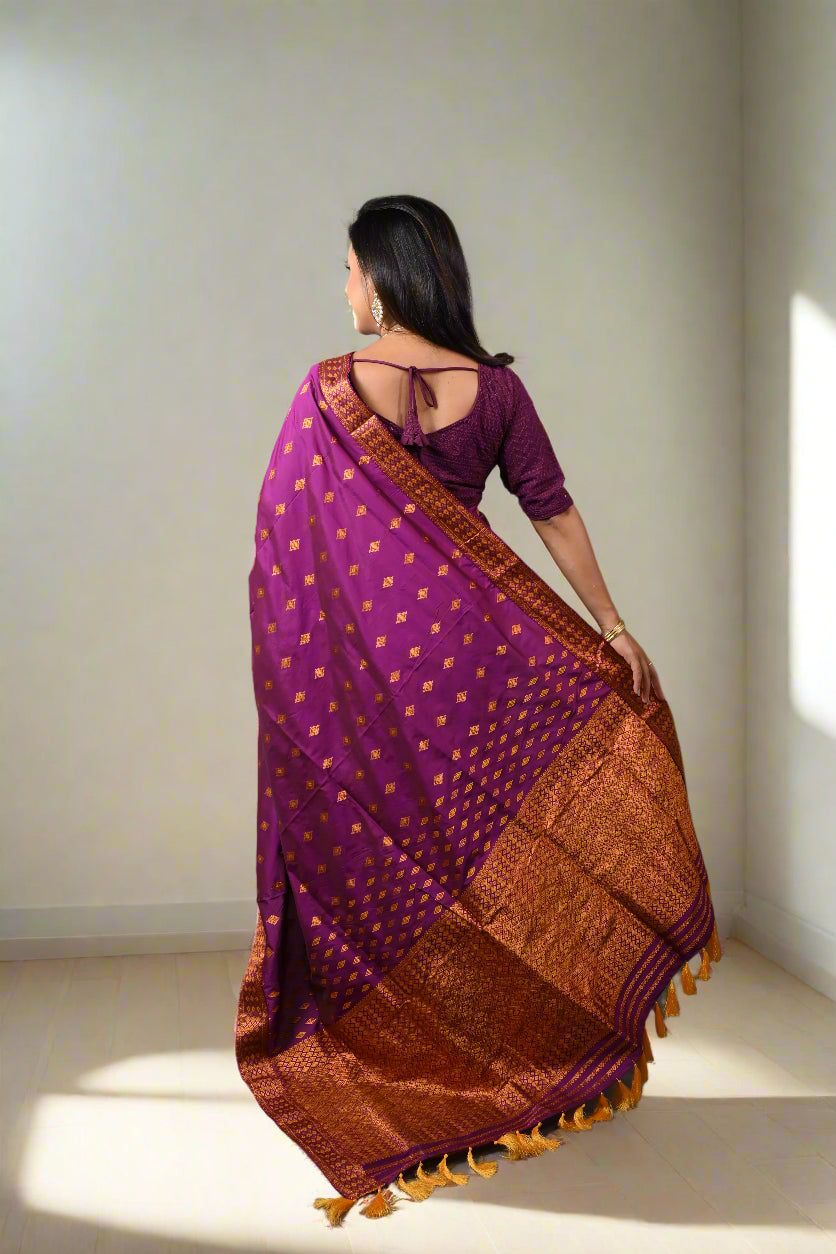 Assam Handmade Purple & Gold Mixed Pat Silk Mix Saree